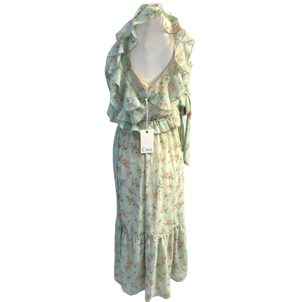 Dex NWT Ruffle Floral Midi Dress Tie Back Green Pink Size S Flowy - Picture 9 of 15